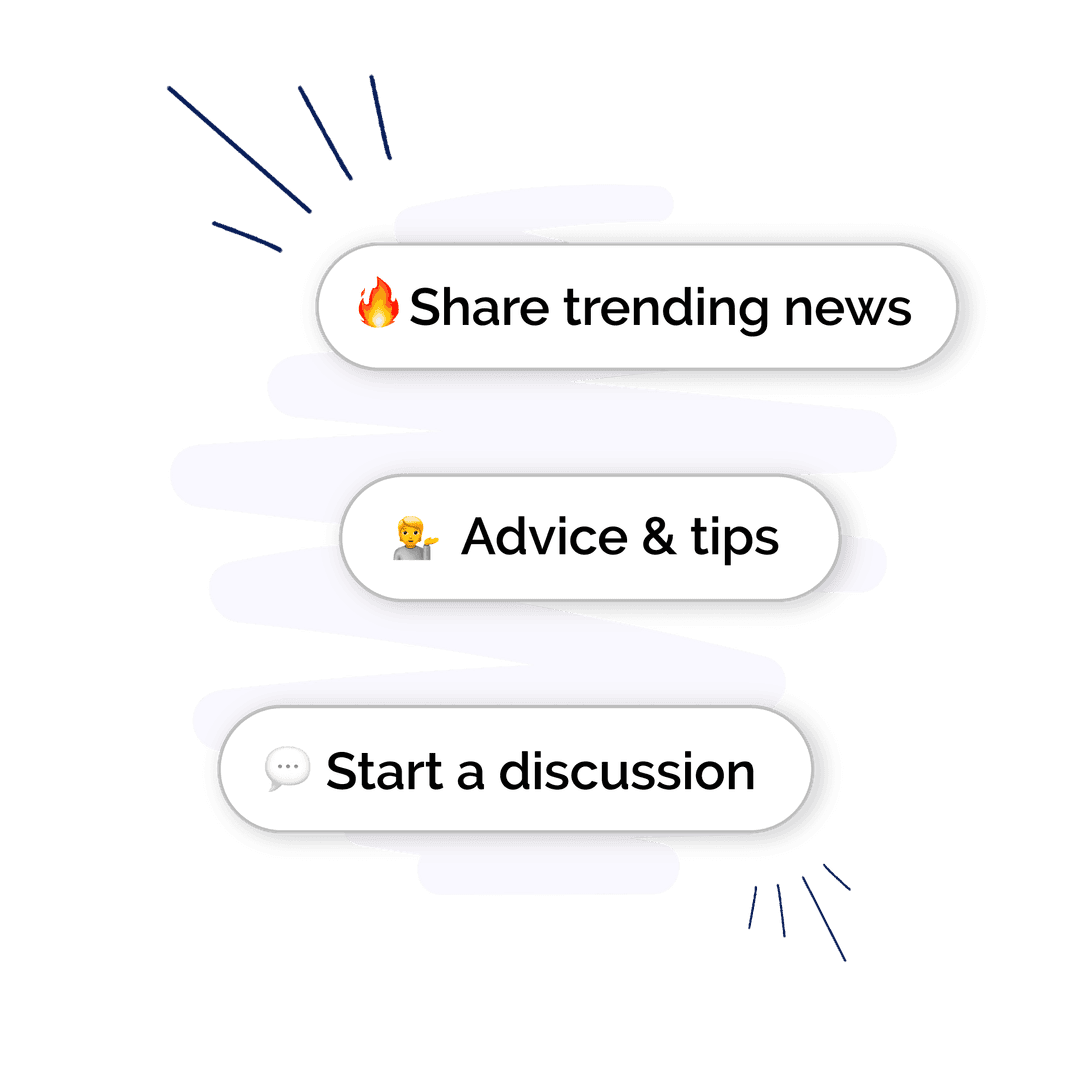 Vulse platform offering 'type' of post suggestions. Post types are 'share trending news', 'advice & tips' & 'start a discussion'. More options available on platform.